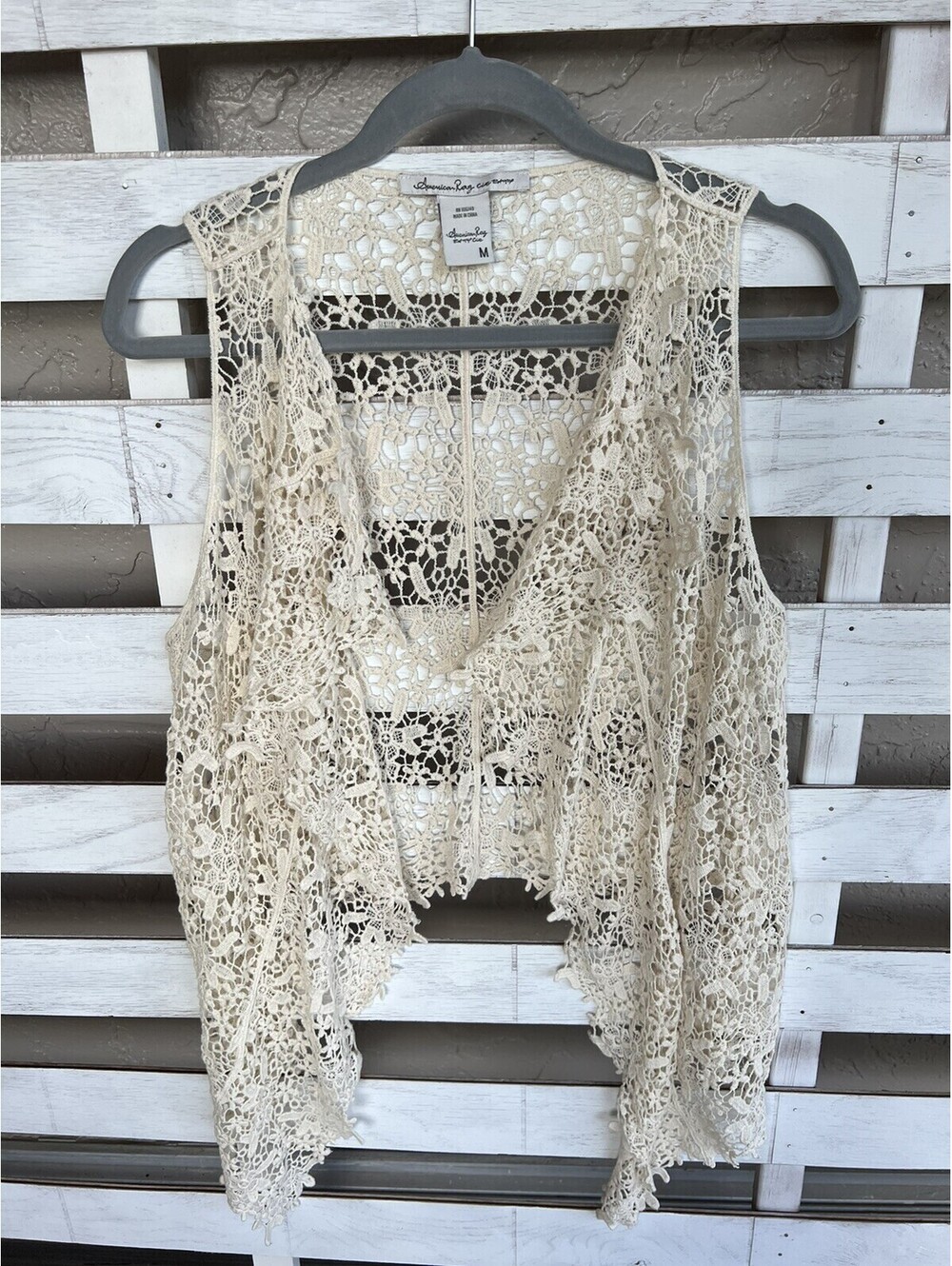 American Rag Cie Crochet Vest Top Natural Beige Floral Open Knit Size M